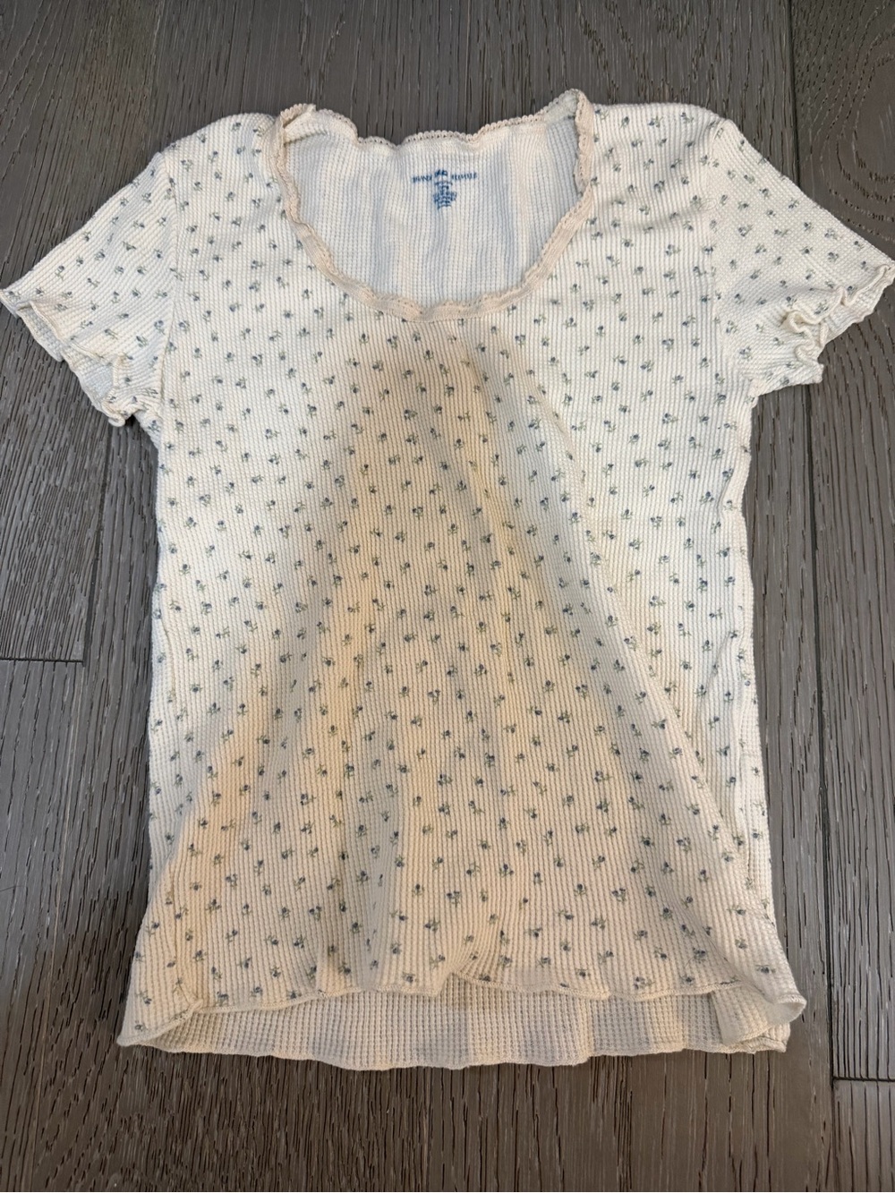 Women’s Cream Short Sleeve Waffle Knit Top with floral Print